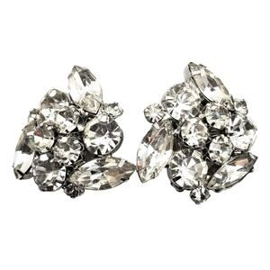 Kramer NY Rhinestone Clip On Earrings Classic Glam Cluster Silver Tone Vintage
